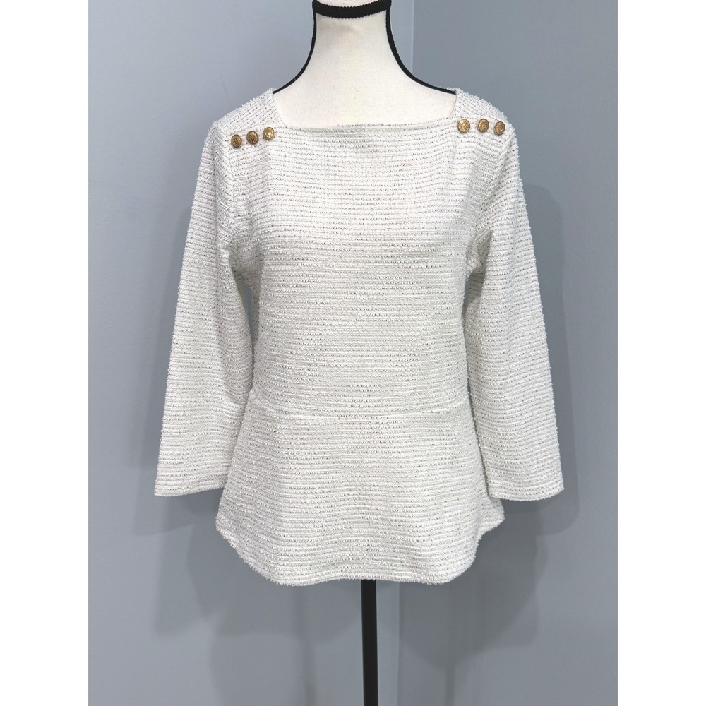 Ann Taylor Factory Med White Metallic Tweed Peplum Top Gold Buttons Chanel Vibes